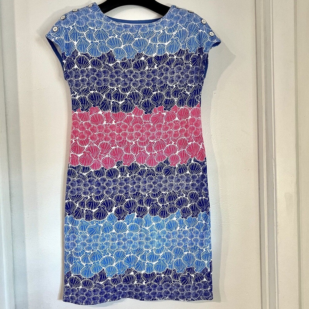 Talbots Dress Womens P Petite Blue Pink Seashells Shift Beach Dress Soft Cotton